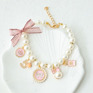 Pink 4-PCS Pearl Charm Pet Necklace - Adjustable Bowknot Collar for Small Dogs & Cats (L: 30+5CM)