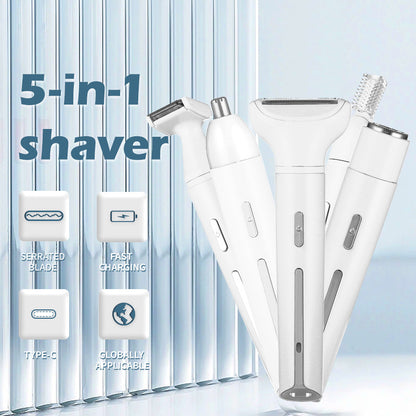 White 5-in-1 Electric Shaver for Women - Versatile Hair Remover for Face & Body