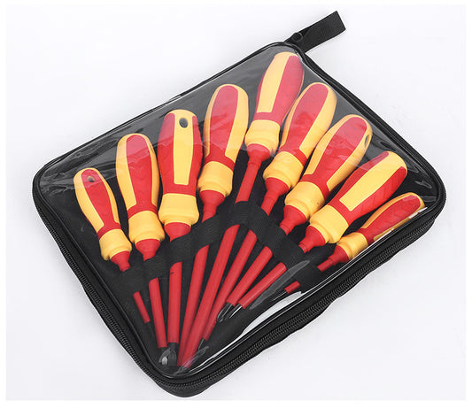 Set of red and yellow screwdrivers in a black case on a white background