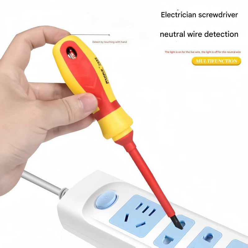 Electrician screwdriver with neutral wire detection feature being used on a power strip.