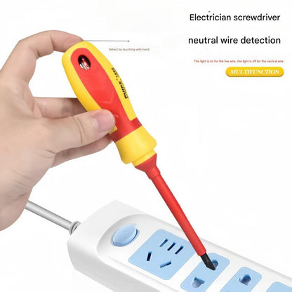 Electrician screwdriver with neutral wire detection feature being used on a power strip.