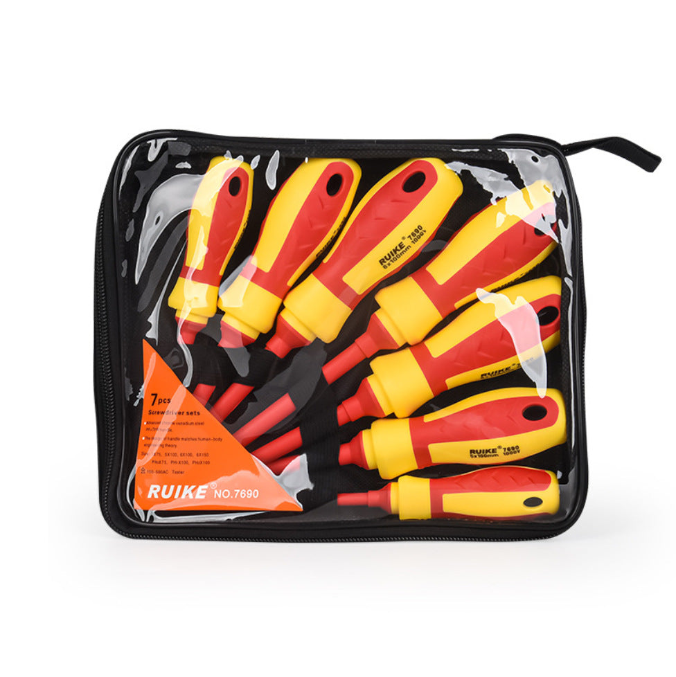 Set of red and yellow screwdrivers in a clear plastic case with RUIKE branding.