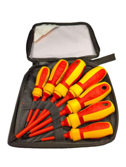 Set of red and yellow screwdrivers in a black case on a white background
