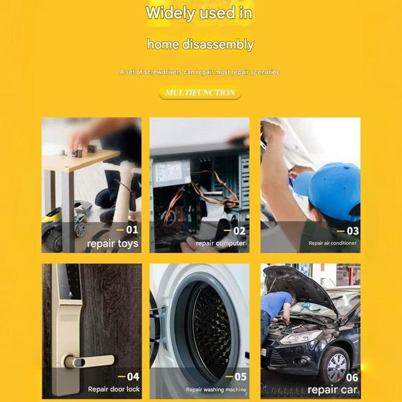 Collage of people performing various repairs on a yellow background with text about multifunctional tools.