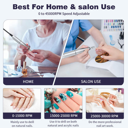 White Professional 45000RPM Rechargeable Nail Drill - Portable Electric Nail File for Manicure & Pedicure