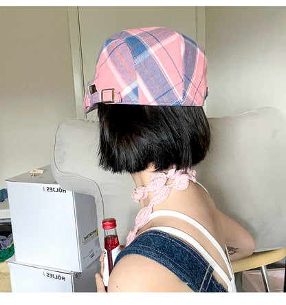 2-PCS Pink Lightweight Checkered Flat Cap - Adjustable Retro Driver Hat for Men & Women