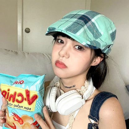 2-PCS Green Lightweight Checkered Flat Cap - Adjustable Retro Driver Hat for Men & Women