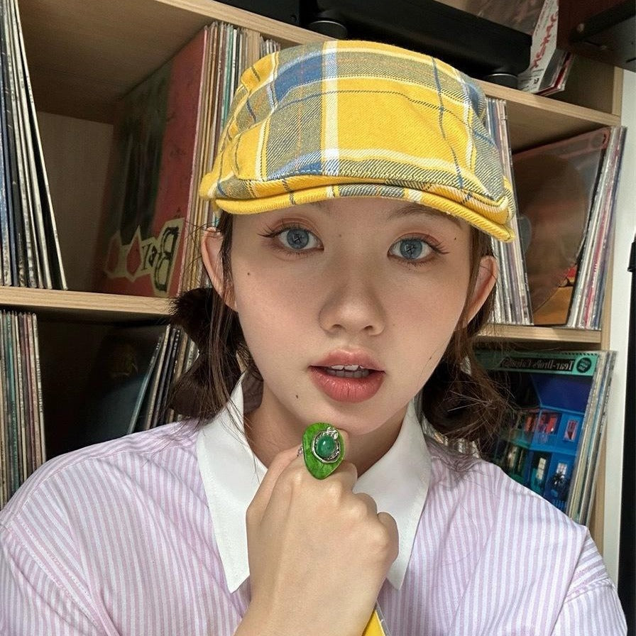 2-PCS Yellow Lightweight Checkered Flat Cap - Adjustable Retro Driver Hat for Men & Women