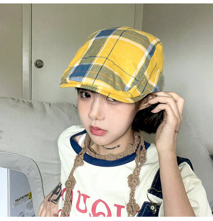 2-PCS Yellow Lightweight Checkered Flat Cap - Adjustable Retro Driver Hat for Men & Women