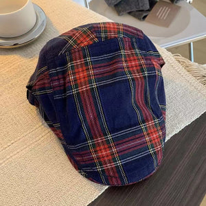2-PCS Dark Blue Lightweight Checkered Flat Cap - Adjustable Retro Driver Hat for Men & Women