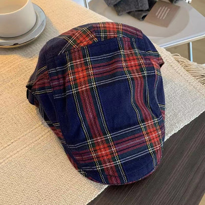 2-PCS Dark Blue Lightweight Checkered Flat Cap - Adjustable Retro Driver Hat for Men & Women