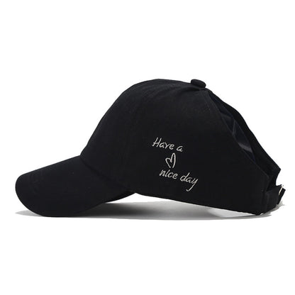 Black Stylish Ponytail Opening Baseball Cap - Have a Nice Day" Embroidery"