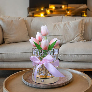 Pink tulips LED Crystal Flower Table Lamp - USB Rechargeable Touch Control Night Light
