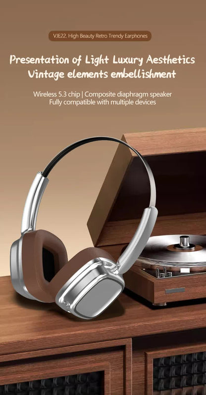 Silver Compact Retro Headphones - Wireless Bluetooth, Deep Bass, Immersive Sound