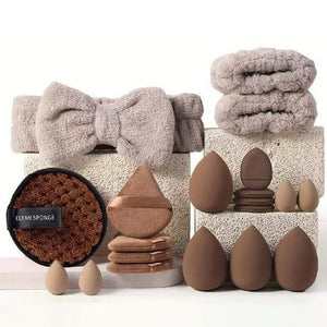 3 Pcs Brown 20PC Makeup Sponge Set - Flannel Headband, Crystal Velvet Puffs, Non-Latex Beauty Blenders for Flawless Application