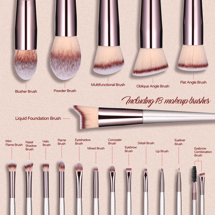 Beige 18-Piece Makeup Brush Set - Professional