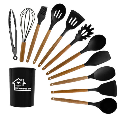 Black And Brown 12-Piece Silicone Kitchen Utensil Set - Non-Stick Food-Grade Silicone Cooking Tools with Wooden Handles and Holder