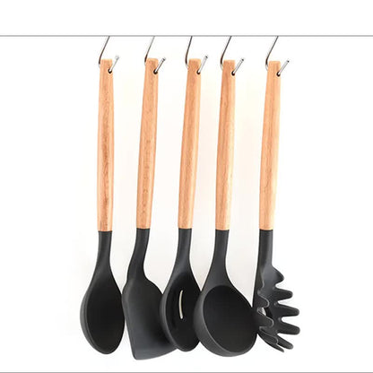 White And Brown 12-Piece Silicone Kitchen Utensil Set - Non-Stick Food-Grade Silicone Cooking Tools with Wooden Handles and Holder