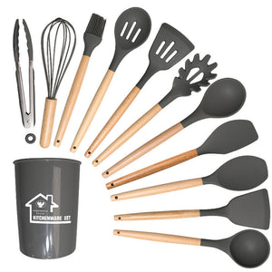 Dark Grey And Brown 12-Piece Silicone Kitchen Utensil Set - Non-Stick Food-Grade Silicone Cooking Tools with Wooden Handles and Holder