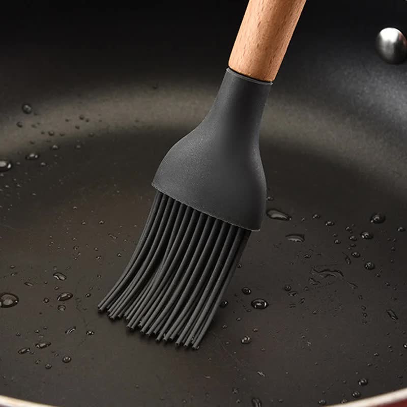 Dark Grey And Brown 12-Piece Silicone Kitchen Utensil Set - Non-Stick Food-Grade Silicone Cooking Tools with Wooden Handles and Holder