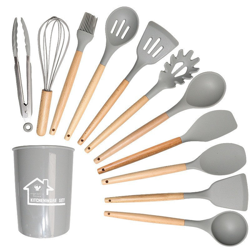 Light Grey And Brown 12-Piece Silicone Kitchen Utensil Set - Non-Stick Food-Grade Silicone Cooking Tools with Wooden Handles and Holder