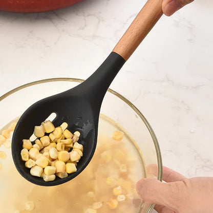 Light Grey And Brown 12-Piece Silicone Kitchen Utensil Set - Non-Stick Food-Grade Silicone Cooking Tools with Wooden Handles and Holder