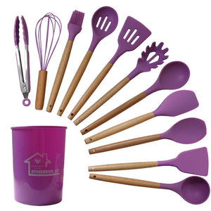 Purple And Brown 12-Piece Silicone Kitchen Utensil Set - Non-Stick Food-Grade Silicone Cooking Tools with Wooden Handles and Holder