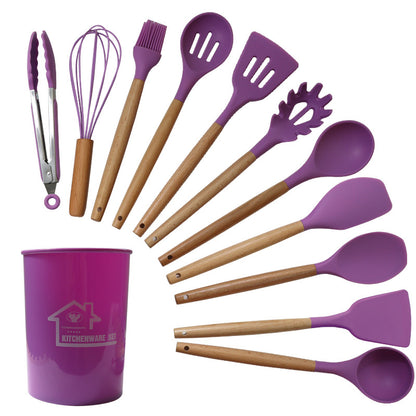 Purple And Brown 12-Piece Silicone Kitchen Utensil Set - Non-Stick Food-Grade Silicone Cooking Tools with Wooden Handles and Holder