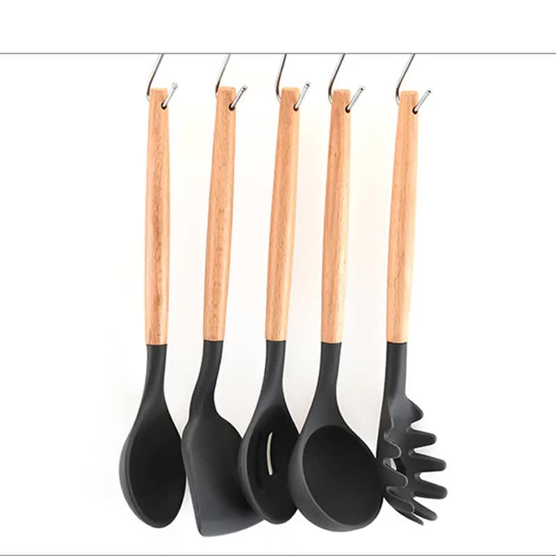 Purple And Brown 12-Piece Silicone Kitchen Utensil Set - Non-Stick Food-Grade Silicone Cooking Tools with Wooden Handles and Holder