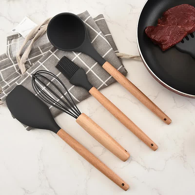 Pink And Brown 12-Piece Silicone Kitchen Utensil Set - Non-Stick Food-Grade Silicone Cooking Tools with Wooden Handles and Holder