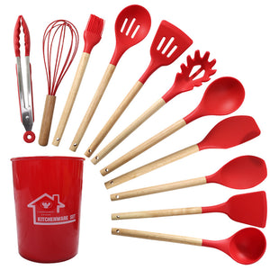 Red And Brown 12-Piece Silicone Kitchen Utensil Set - Non-Stick Food-Grade Silicone Cooking Tools with Wooden Handles and Holder