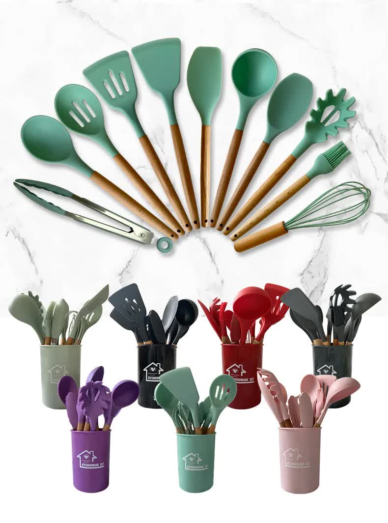 Red And Brown 12-Piece Silicone Kitchen Utensil Set - Non-Stick Food-Grade Silicone Cooking Tools with Wooden Handles and Holder