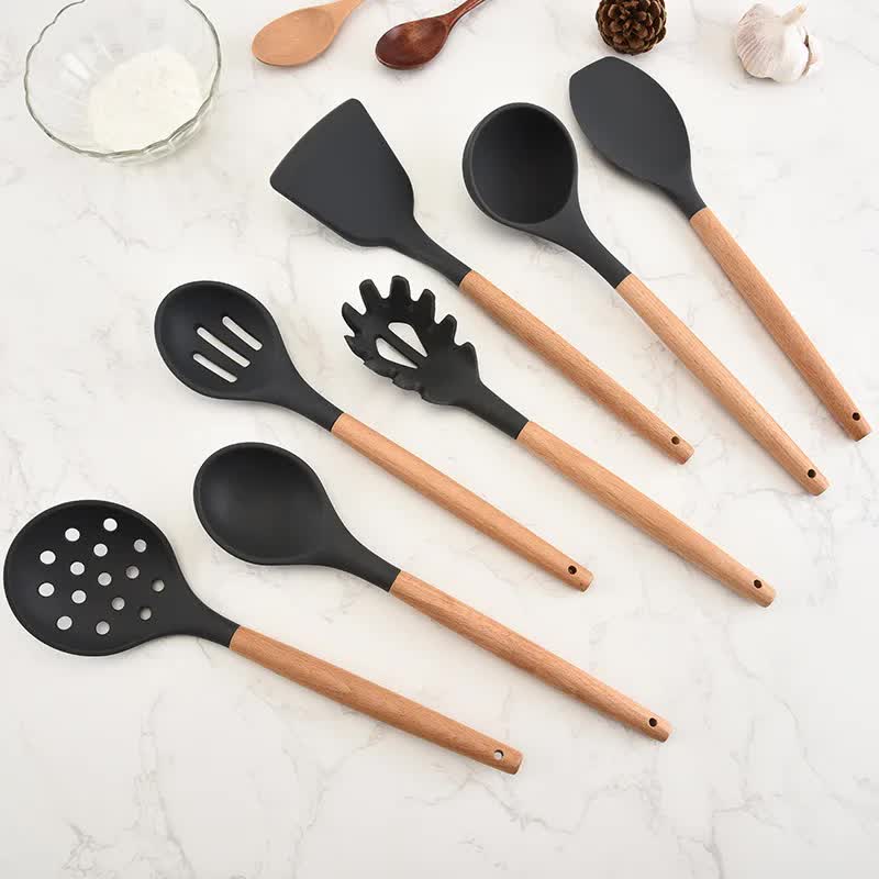 Khaki And Brown 12-Piece Silicone Kitchen Utensil Set - Non-Stick Food-Grade Silicone Cooking Tools with Wooden Handles and Holder