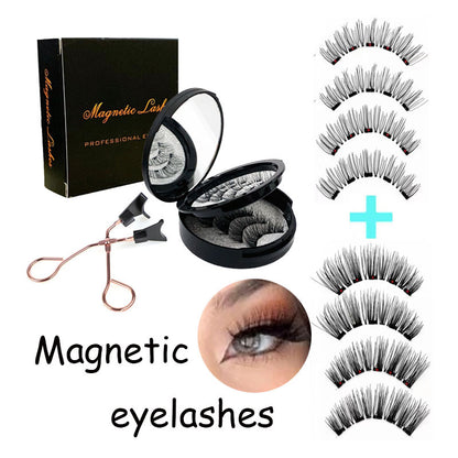 Style 4 Black Magnetic False Eyelashes Kit - 3 Pairs with Applicator Clip and Mirror Case