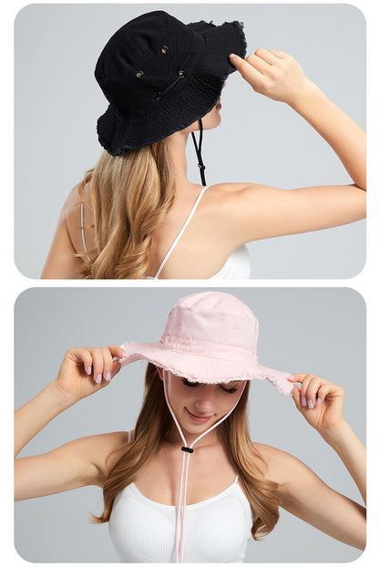Green Packable Cotton Bucket Hat - Folds into Wearable Pouch | Frayed Edge Sun Hat with Chin Strap