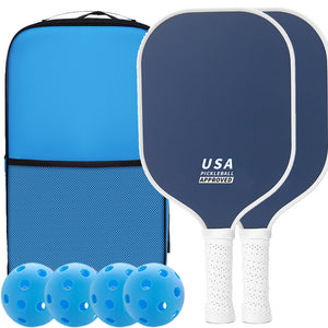 Dark Blue Fiberglass Pickleball Paddle Set - 2 Minimalist Paddles, 4 Balls, and Carry Bag for Outdoor Play