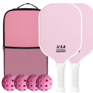 Pink Fiberglass Pickleball Paddle Set - 2 Minimalist Paddles, 4 Balls, and Carry Bag for Outdoor Play