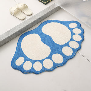 2 Pcs Blue And White Foot-Shaped Plush Bath Mat - Non-Slip Absorbent Bathroom Rug for Bedroom and Doorway (50x80cm)