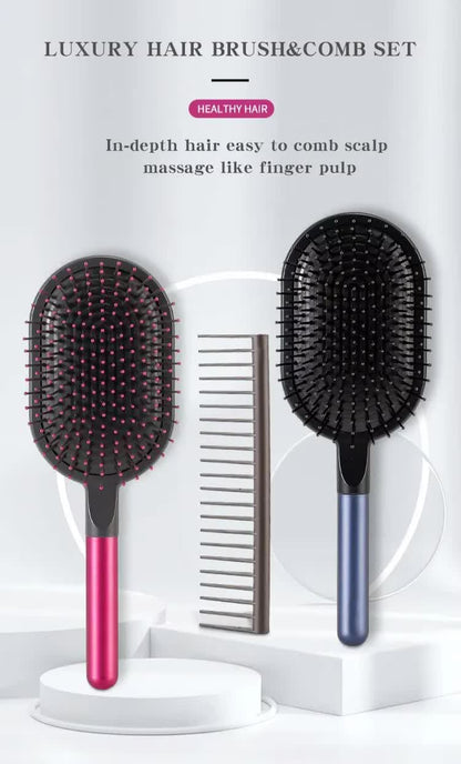 Blue Air Cushion Massage Paddle Brush & Wide Tooth Comb Set - Gentle Detangling for All Hair Types