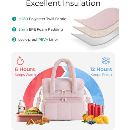 Pink Chic Double Deck Insulated Lunch Bag - Leakproof Cooler Tote for Women