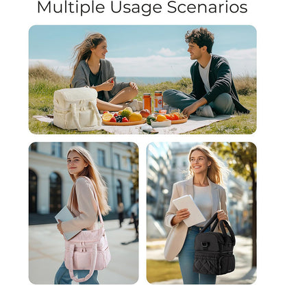 Brown Chic Double Deck Insulated Lunch Bag - Leakproof Cooler Tote for Women