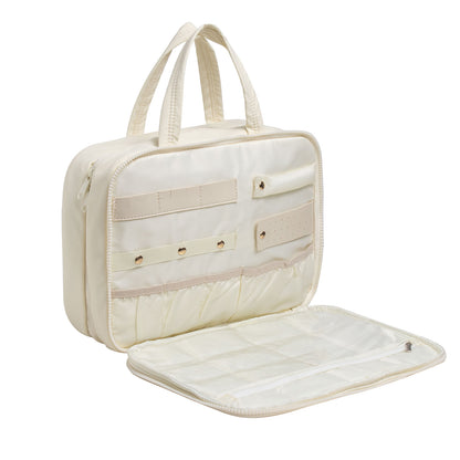 Size L Beige Quilted Hanging Toiletry Bag with Jewelry Organizer - Travel Cosmetic Case(31*12*23)