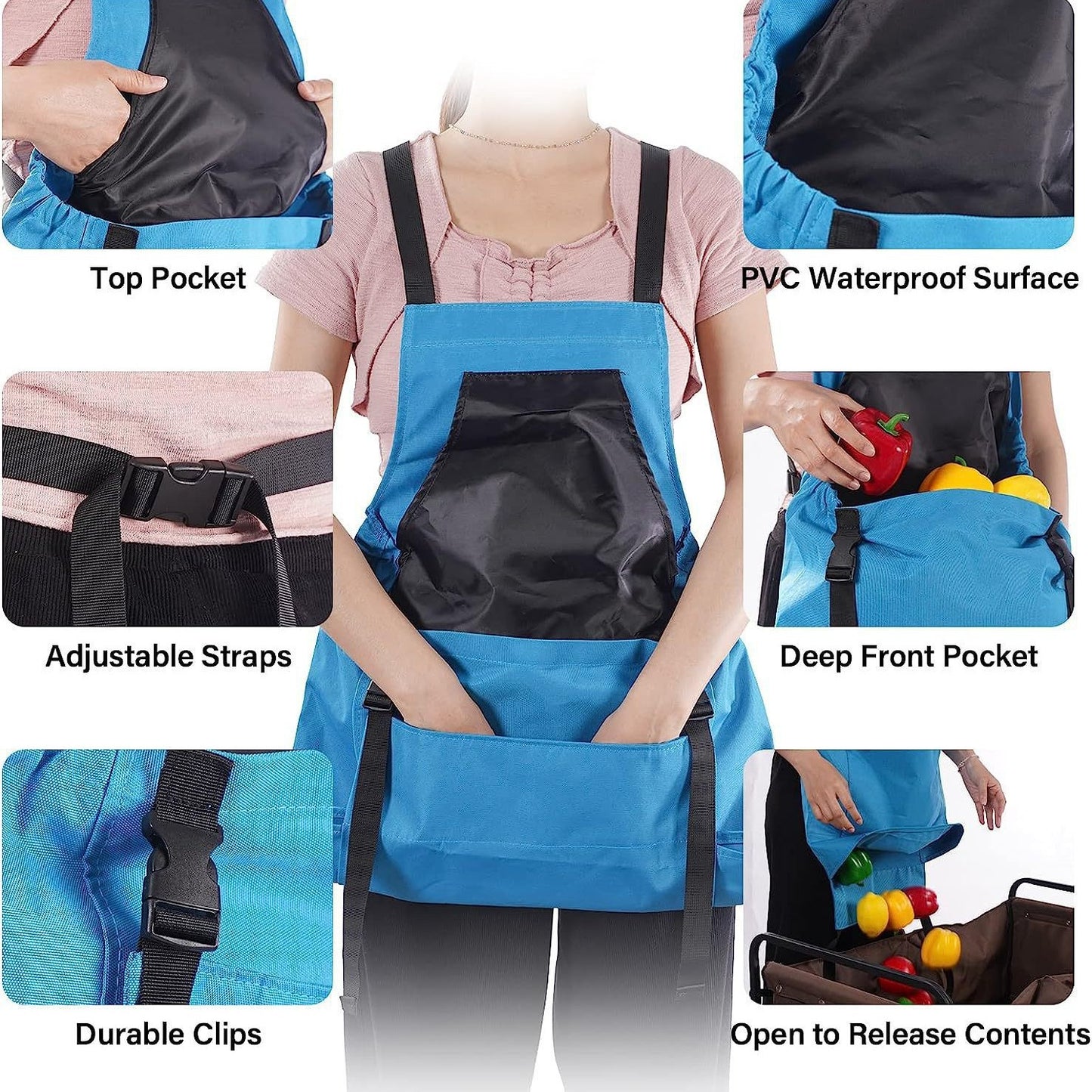 Blue backpack with various features highlighted on a gray background