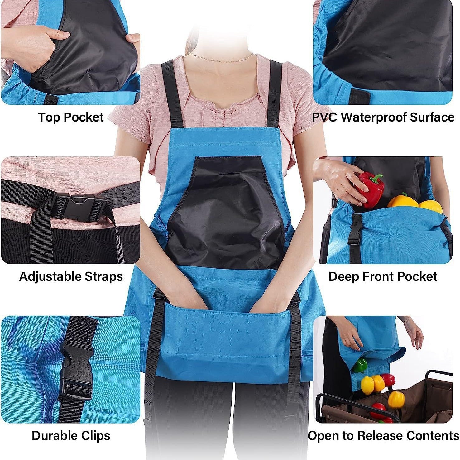 Blue backpack with various features highlighted on a gray background