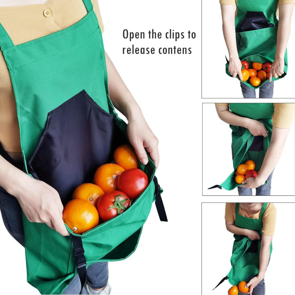 Green apron with a pocket holding tomatoes, with text instructing to open clips to release contents.