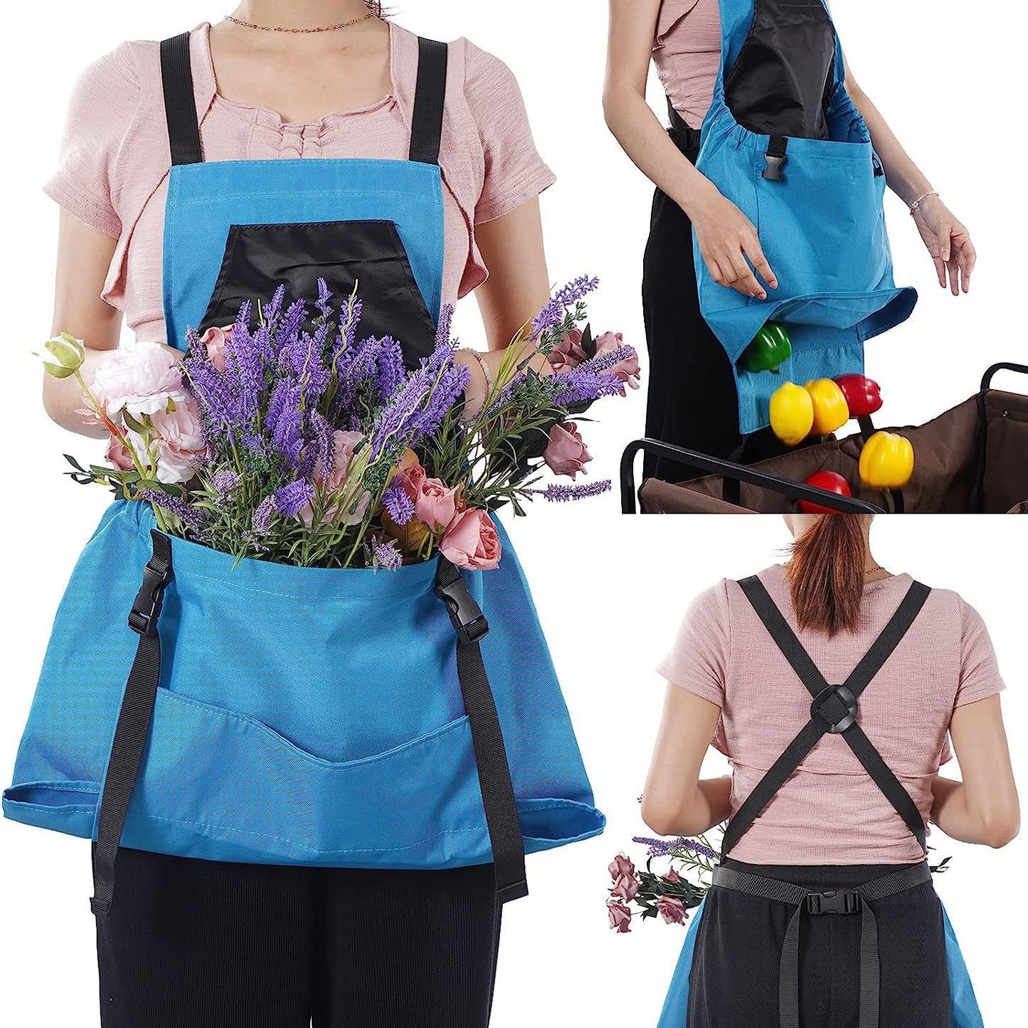 Blue apron with pockets filled with flowers and groceries, worn by a person.