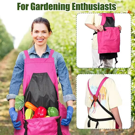 Woman wearing a pink gardening apron with a green background, holding vegetables.