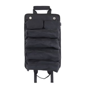 Black backpack with multiple pockets on a white background