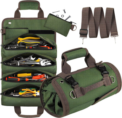 Green tool roll with tools and straps on a white background