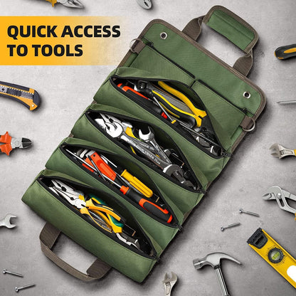 Green tool roll with tools on a gray surface, featuring text 'Quick Access to Tools'.